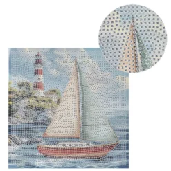 3 Diamond-Painting-Bilder & 3 Bilderrahmen, versch. Designs Leuchtturm, Segelboot, Katzen, 6-teilig