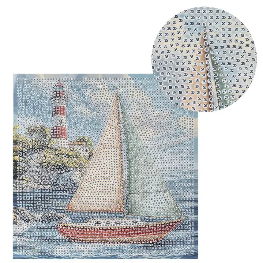 3 Diamond-Painting-Bilder & 3 Bilderrahmen, versch. Designs Leuchtturm, Segelboot, Katzen, 6-teilig