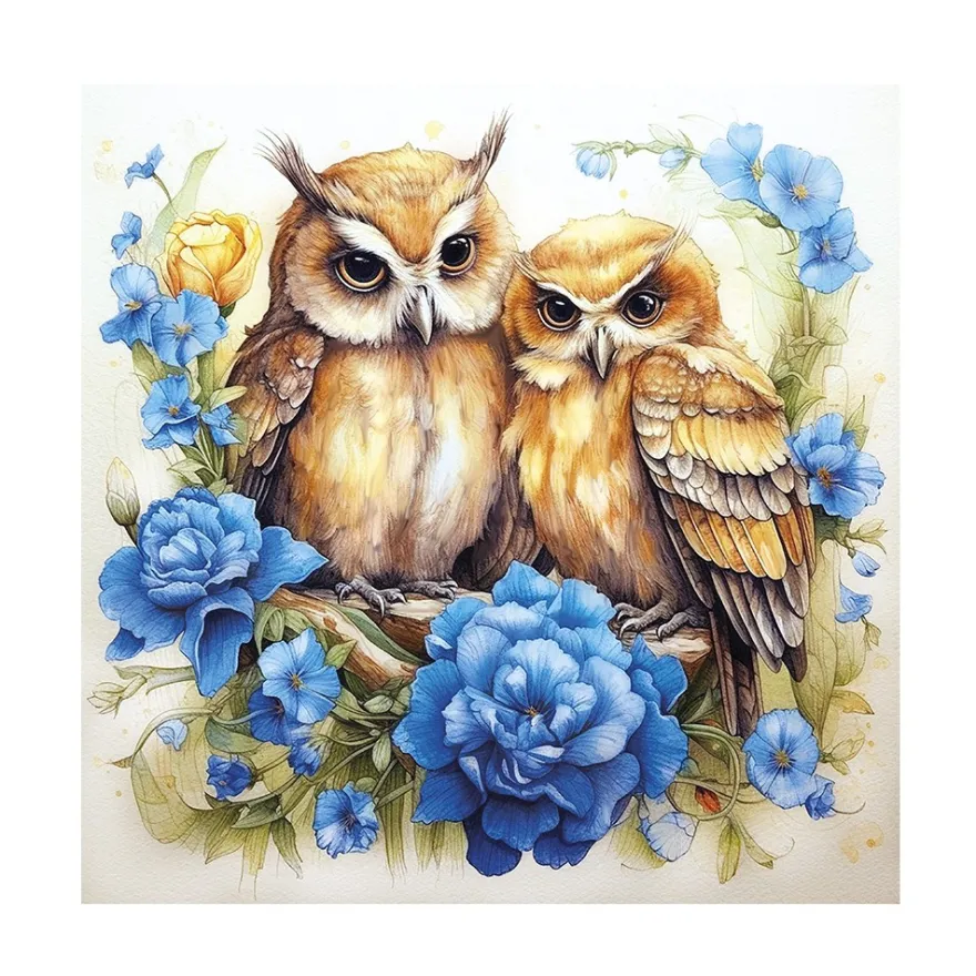 Diamond-Painting-Bild, Eulen mit Blüten, 30cm x 30cm, inkl. Werkzeug