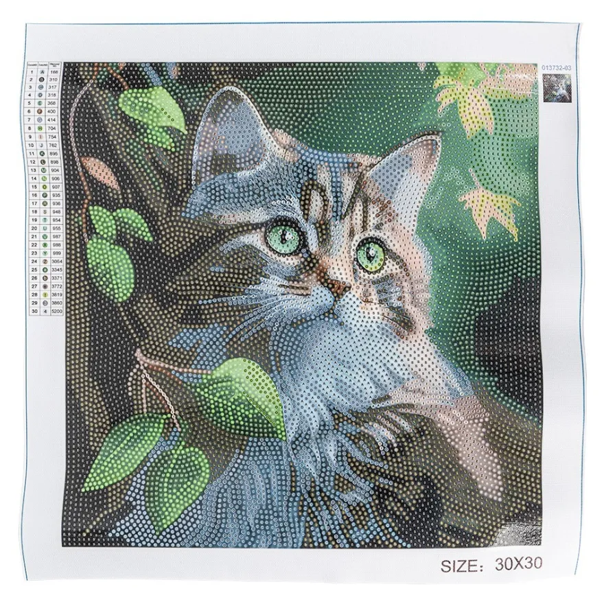 Diamond-Painting-Bild, Katze mit Blättern, 30cm x 30cm, inkl. Werkzeug