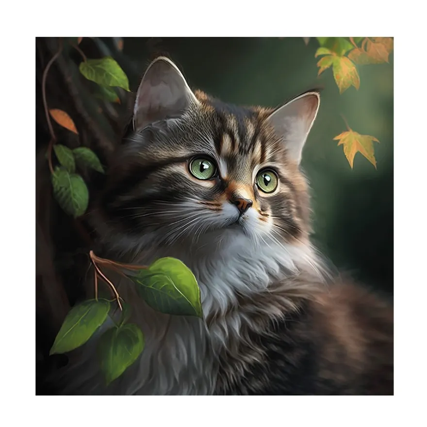 Diamond-Painting-Bild, Katze mit Blättern, 30cm x 30cm, inkl. Werkzeug