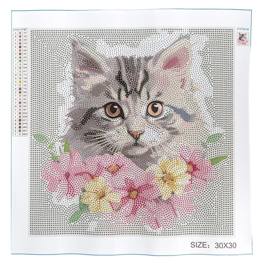 Diamond-Painting-Bild, Katze mit Blüten, 30cm x 30cm, inkl. Werkzeug