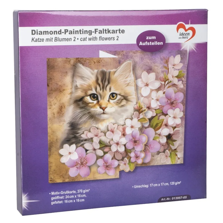 Diamond-Painting-Faltkarte zum Aufstellen, Katze mit Blumen 2, 370g/m², inkl. Umschlag & Werkzeug