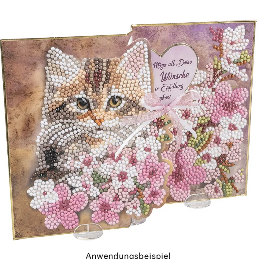 Diamond-Painting-Faltkarte zum Aufstellen, Katze mit Blumen 2, 370g/m², inkl. Umschlag & Werkzeug