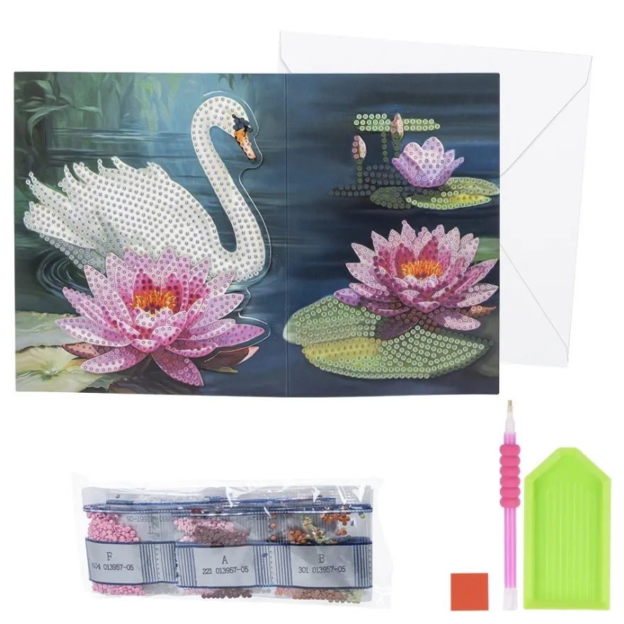 Diamond-Painting-Faltkarte zum Aufstellen, Schwan, 370g/m², inkl. Umschlag & Werkzeug