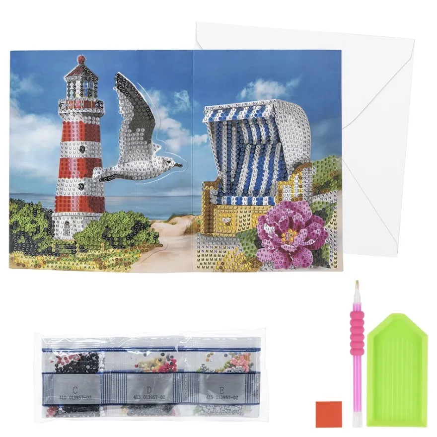 Diamond-Painting-Faltkarte zum Aufstellen, Möwe mit Leuchtturm, 370g/m², inkl. Umschlag & Werkzeug