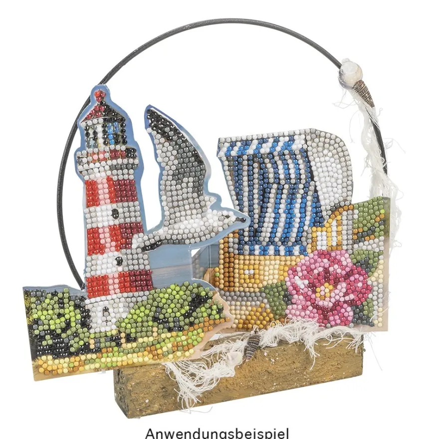 Diamond-Painting-Faltkarte zum Aufstellen, Möwe mit Leuchtturm, 370g/m², inkl. Umschlag & Werkzeug