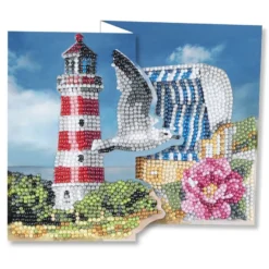 Diamond-Painting-Faltkarte zum Aufstellen, Möwe mit Leuchtturm, 370g/m², inkl. Umschlag & Werkzeug