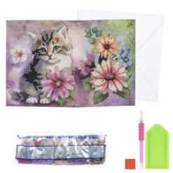 Diamond-Painting-Faltkarte zum Aufstellen, Katze mit Blumen 1, 370g/m², inkl. Umschlag & Werkzeug