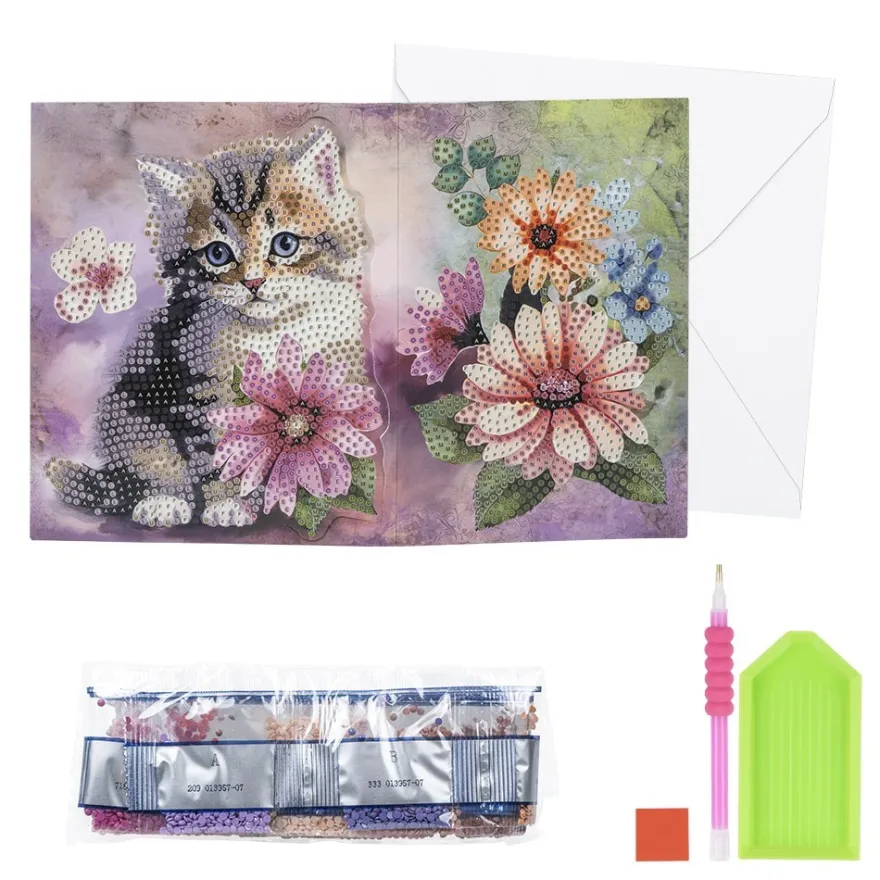 Diamond-Painting-Faltkarte zum Aufstellen, Katze mit Blumen 1, 370g/m², inkl. Umschlag & Werkzeug