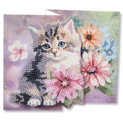Diamond-Painting-Faltkarte zum Aufstellen, Katze mit Blumen 1, 370g/m², inkl. Umschlag & Werkzeug