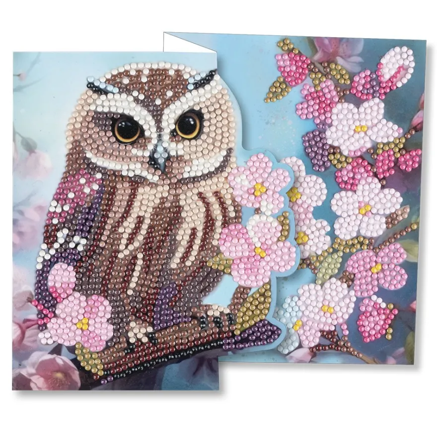 Diamond-Painting-Faltkarte zum Aufstellen, Eule mit Blumen, 370g/m², inkl. Umschlag & Werkzeug