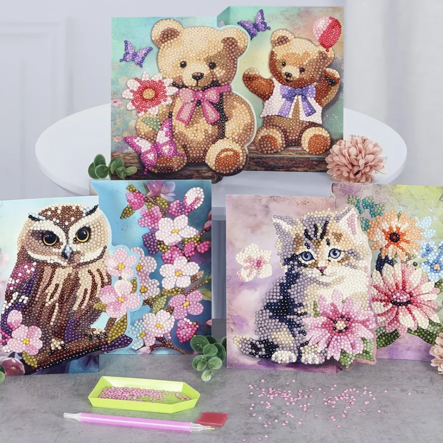 Diamond-Painting-Faltkarte zum Aufstellen, Eule mit Blumen, 370g/m², inkl. Umschlag & Werkzeug