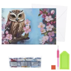 Diamond-Painting-Faltkarte zum Aufstellen, Eule mit Blumen, 370g/m², inkl. Umschlag & Werkzeug