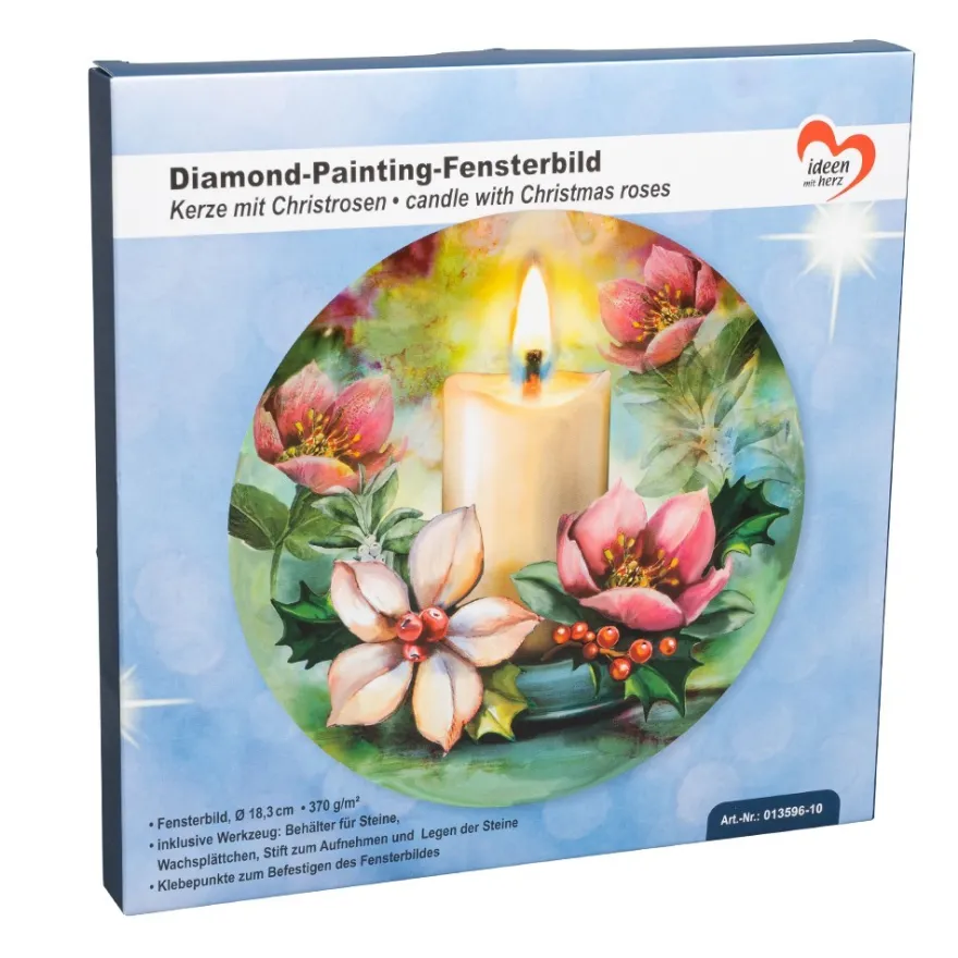 Diamond-Painting-Fensterbild, Kerze mit Christrosen, Ø18,3cm, inkl. Zubehör