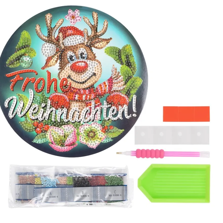 Diamond-Painting-Fensterbild, Rentier Rudolph - Frohe Weihnachten!, Ø18,3cm, inkl. Zubehör