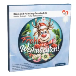 Diamond-Painting-Fensterbild, Rentier Rudolph - Frohe Weihnachten!, Ø18,3cm, inkl. Zubehör