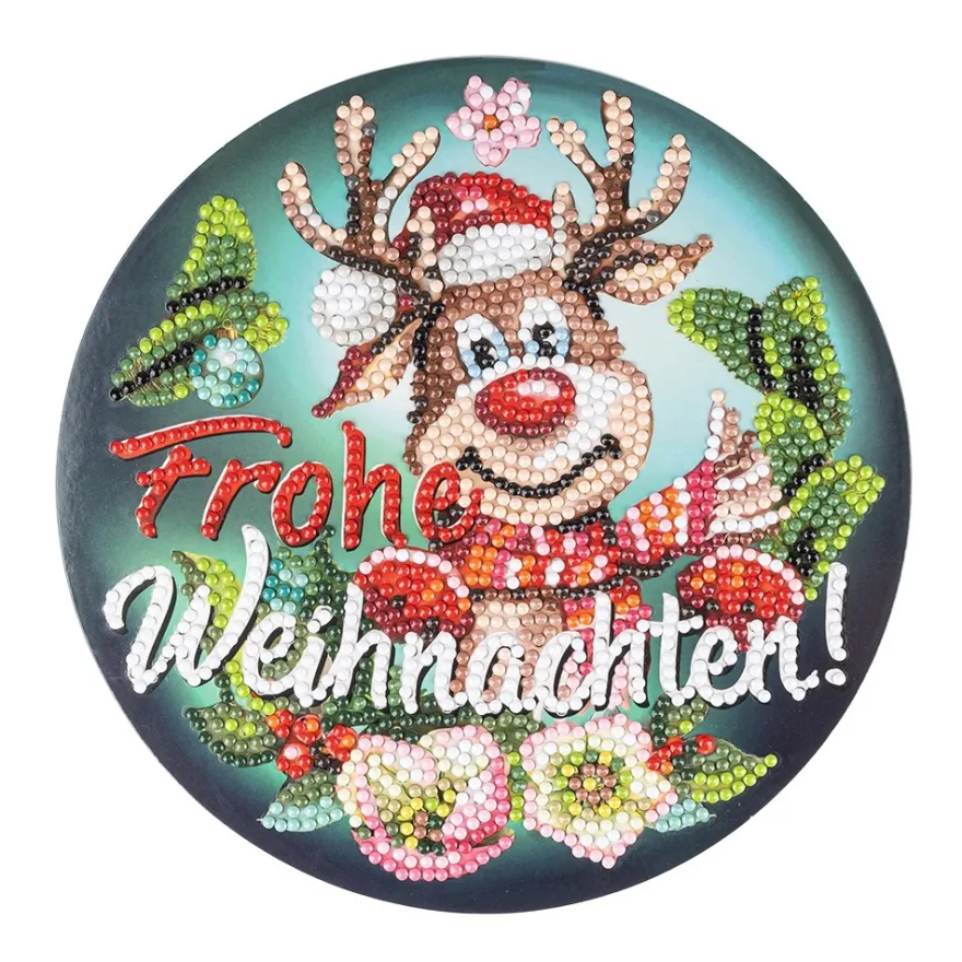 Diamond-Painting-Fensterbild, Rentier Rudolph - Frohe Weihnachten!, Ø18,3cm, inkl. Zubehör