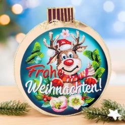 Diamond-Painting-Fensterbild, Rentier Rudolph - Frohe Weihnachten!, Ø18,3cm, inkl. Zubehör