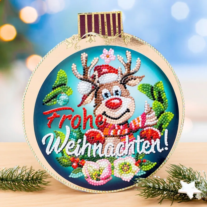 Diamond-Painting-Fensterbild, Rentier Rudolph - Frohe Weihnachten!, Ø18,3cm, inkl. Zubehör