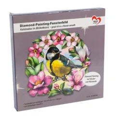 Diamond-Painting-Fensterbild, Kohlmeise im Blütenkranz, 19,7cm, doppelseitig