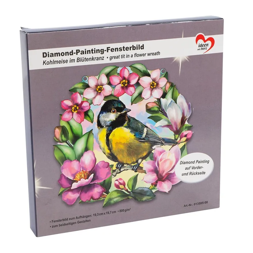 Diamond-Painting-Fensterbild, Kohlmeise im Blütenkranz, 19,7cm, doppelseitig