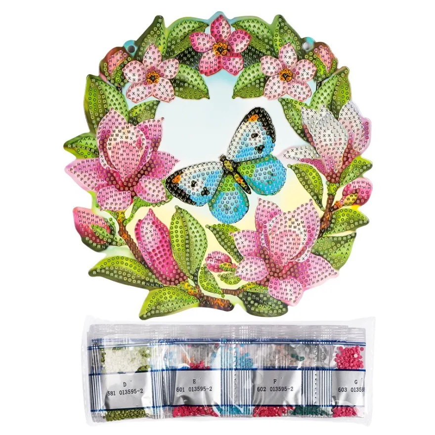 Diamond-Painting-Fensterbild, Blauer Schmetterling im Blütenkranz, 20,2cm, doppelseitig