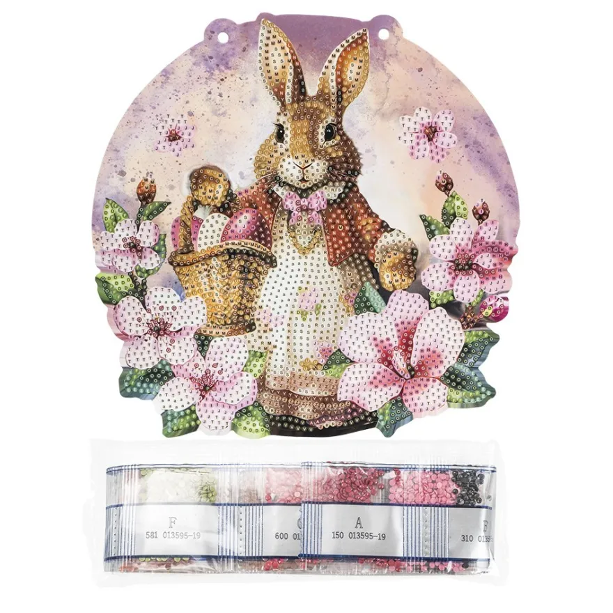 Diamond-Painting-Fensterbild, Osterhase mit Blumen & Körbchen, 20,2cm, doppelseitig