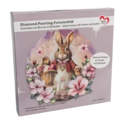 Diamond-Painting-Fensterbild, Osterhase mit Blumen & Körbchen, 20,2cm, doppelseitig