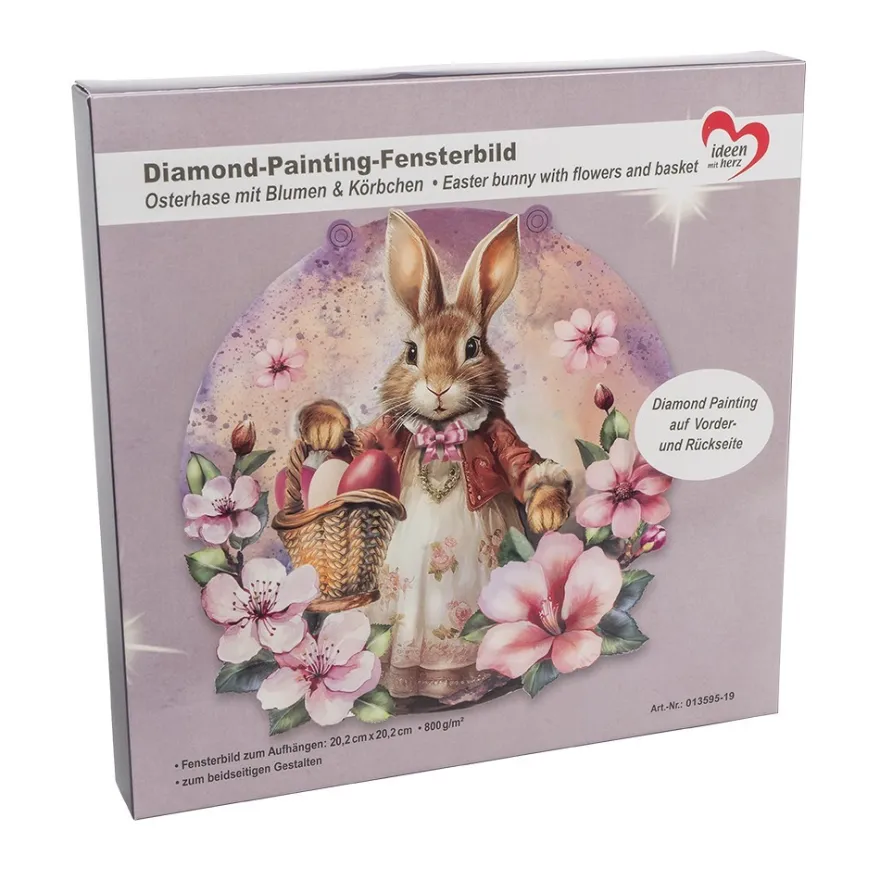 Diamond-Painting-Fensterbild, Osterhase mit Blumen & Körbchen, 20,2cm, doppelseitig