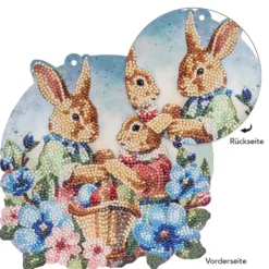 Diamond-Painting-Fensterbild, Hasenpaar mit Blumen & Ostereiern, 20,4cm, doppelseitig