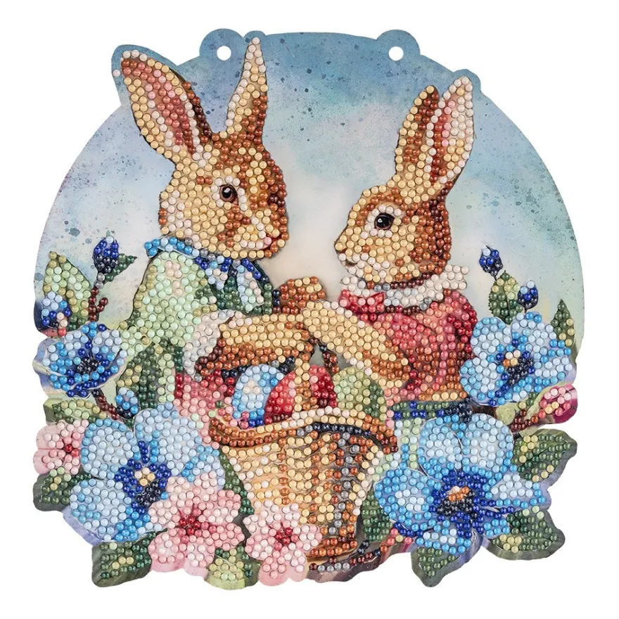 Diamond-Painting-Fensterbild, Hasenpaar mit Blumen & Ostereiern, 20,4cm, doppelseitig
