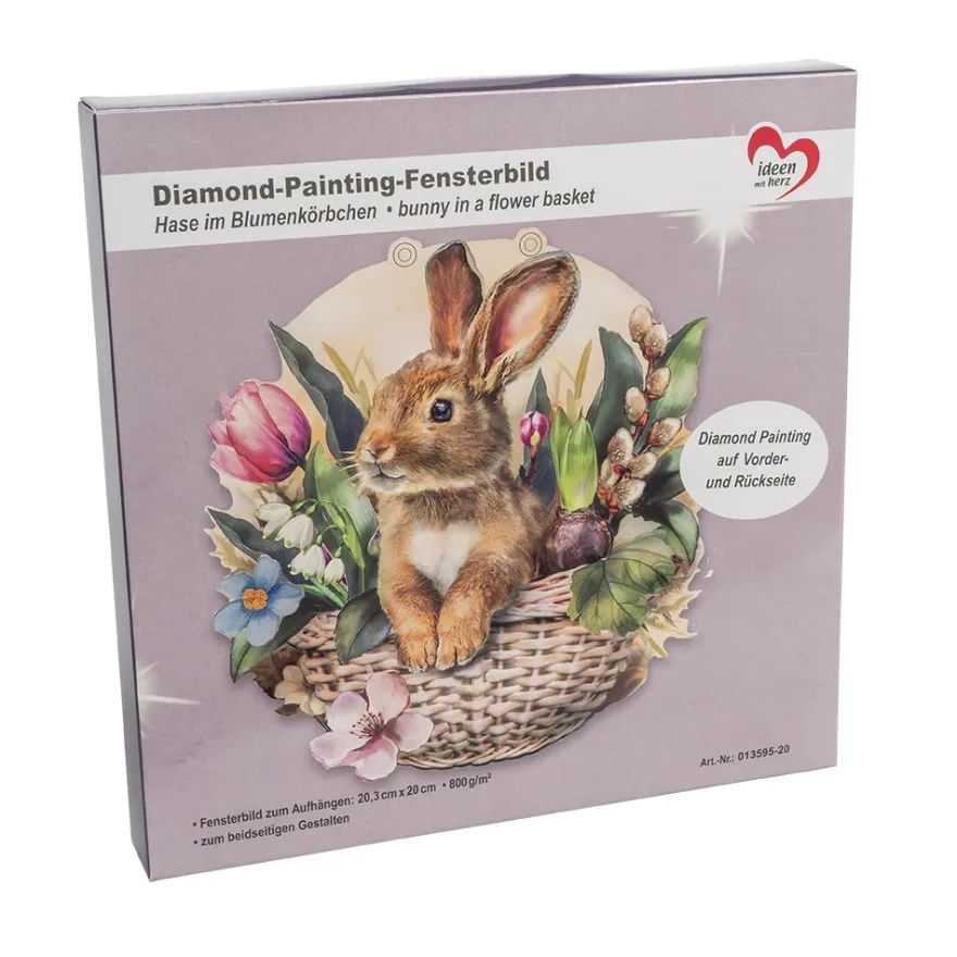Diamond-Painting-Fensterbild, Hase im Blumenkörbchen, 20,3cm, doppelseitig