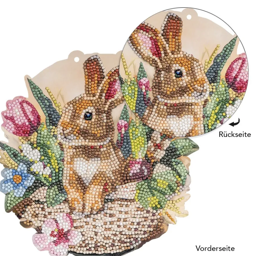 Diamond-Painting-Fensterbild, Hase im Blumenkörbchen, 20,3cm, doppelseitig