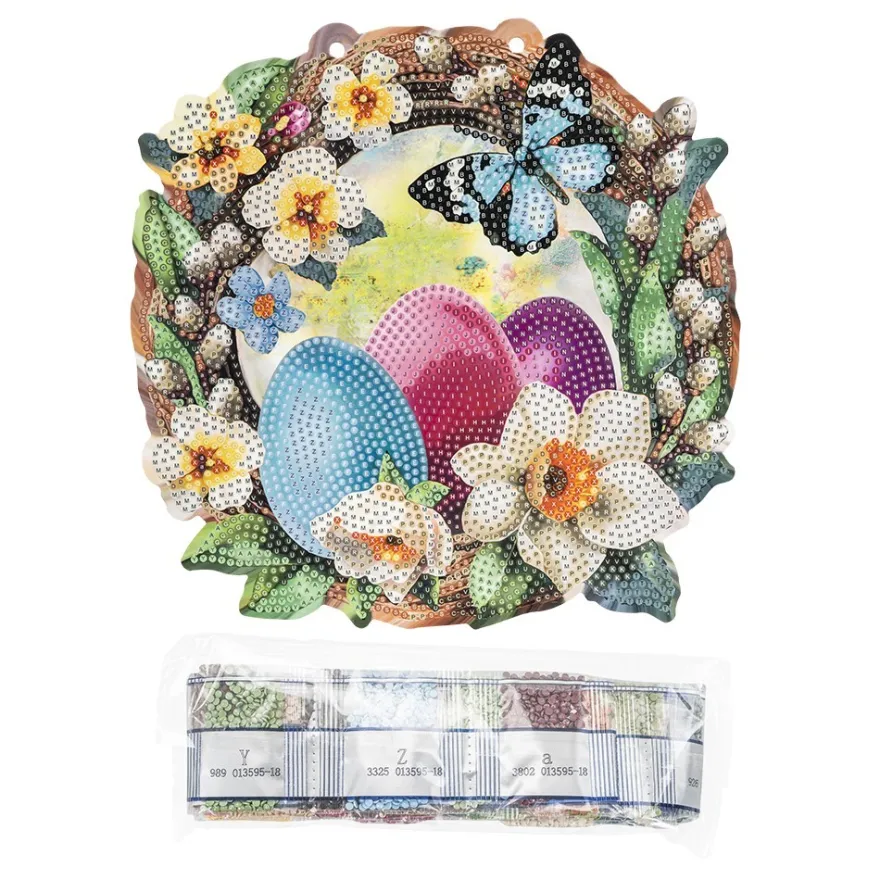 Diamond-Painting-Fensterbild, Weidenkranz mit Blumen & Ostereiern, 20,2cm, doppelseitig
