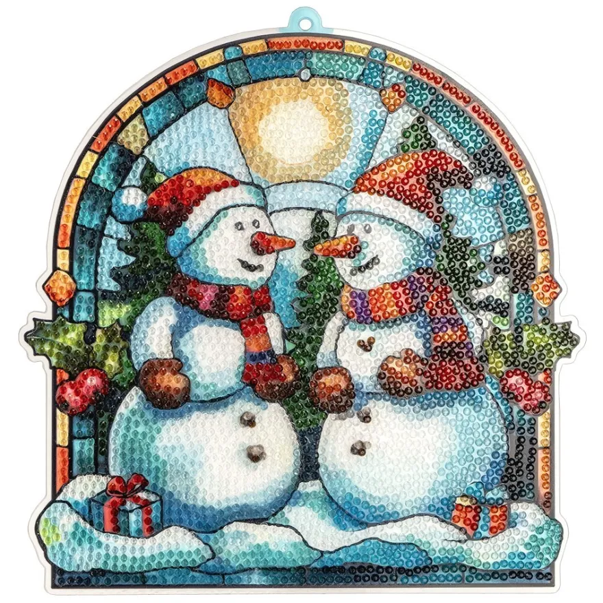 Diamond-Painting-Fensterbild, Glaskunst-Optik, Schneemänner, 19,9cm x 19,5cm