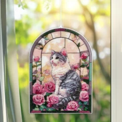 Diamond-Painting-Fensterbild, Glaskunst-Optik XL, Katze mit Rosen, 24,7cm x 35,6cm, 500µ