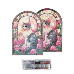 Diamond-Painting-Fensterbild, Glaskunst-Optik XL, Katze mit Rosen, 24,7cm x 35,6cm, 500µ
