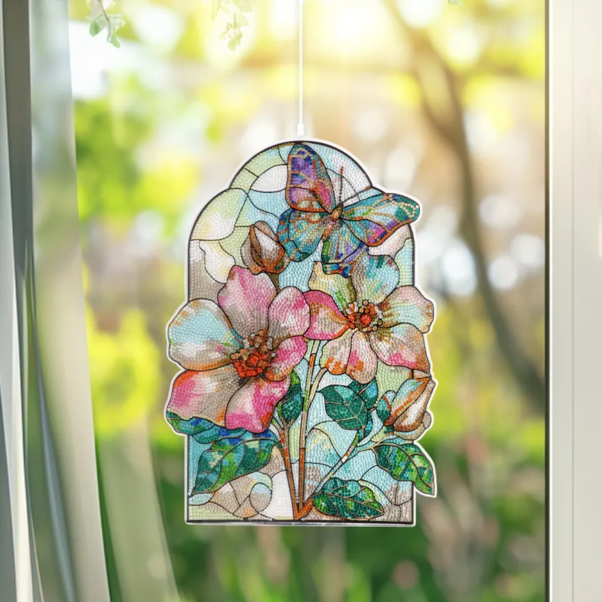 Diamond-Painting-Fensterbild, Glaskunst-Optik XL, Schmetterling mit Blüten, 25,6cm x 35,9cm, 500µ
