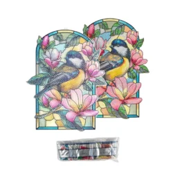 Diamond-Painting-Fensterbild, Glaskunst-Optik XL, Kohlmeise mit Magnolien, 26,8cm x 35,6cm, 500µ