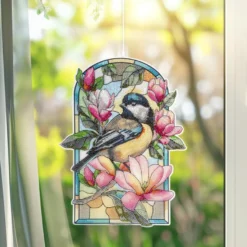 Diamond-Painting-Fensterbild, Glaskunst-Optik XL, Kohlmeise mit Magnolien, 26,8cm x 35,6cm, 500µ