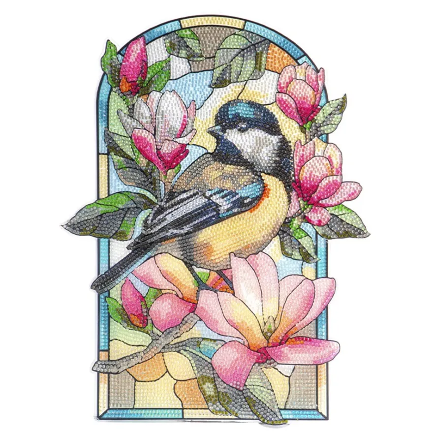 Diamond-Painting-Fensterbild, Glaskunst-Optik XL, Kohlmeise mit Magnolien, 26,8cm x 35,6cm, 500µ