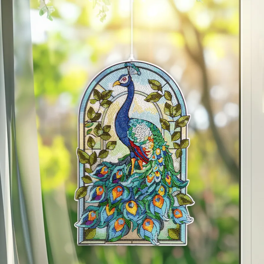Diamond-Painting-Fensterbild, Glaskunst-Optik XL, Pfau, 24,2cm x 35,6cm, 500µ