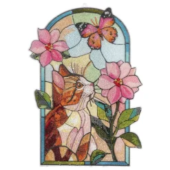 Diamond-Painting-Fensterbild, Glaskunst-Optik XL, Katze mit Blume, 25,6cm x 35,6cm, 500µ