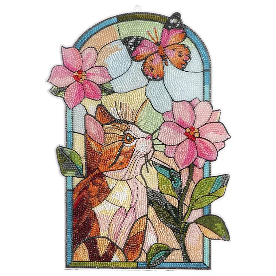 Diamond-Painting-Fensterbild, Glaskunst-Optik XL, Katze mit Blume, 25,6cm x 35,6cm, 500µ