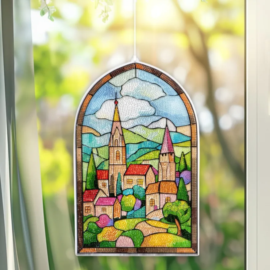 Diamond-Painting-Fensterbild, Glaskunst-Optik XL, Sommerdorf, 22,2cm x 35,6cm, 500µ