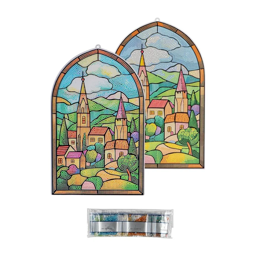 Diamond-Painting-Fensterbild, Glaskunst-Optik XL, Sommerdorf, 22,2cm x 35,6cm, 500µ