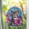 Diamond-Painting-Fensterbild, Glaskunst-Optik, Katze mit Blumen, 20cm x 17,7cm