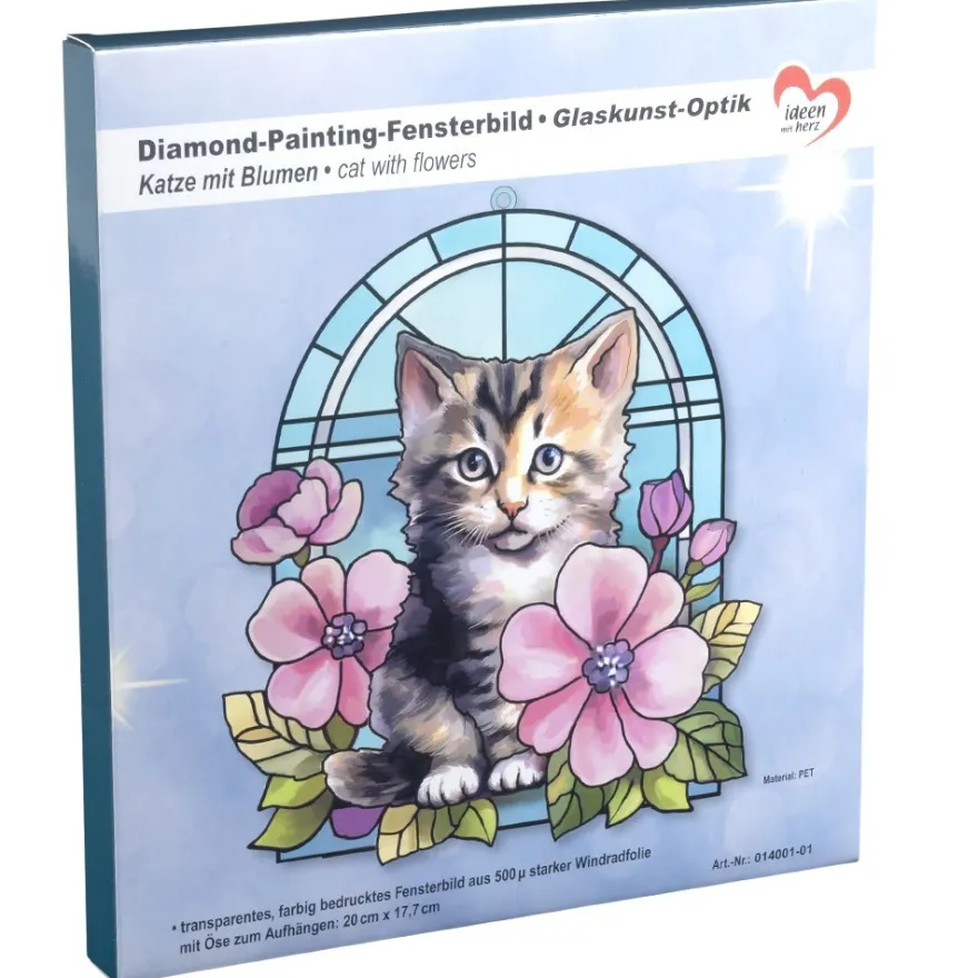 Diamond-Painting-Fensterbild, Glaskunst-Optik, Katze mit Blumen, 20cm x 17,7cm