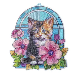 Diamond-Painting-Fensterbild, Glaskunst-Optik, Katze mit Blumen, 20cm x 17,7cm